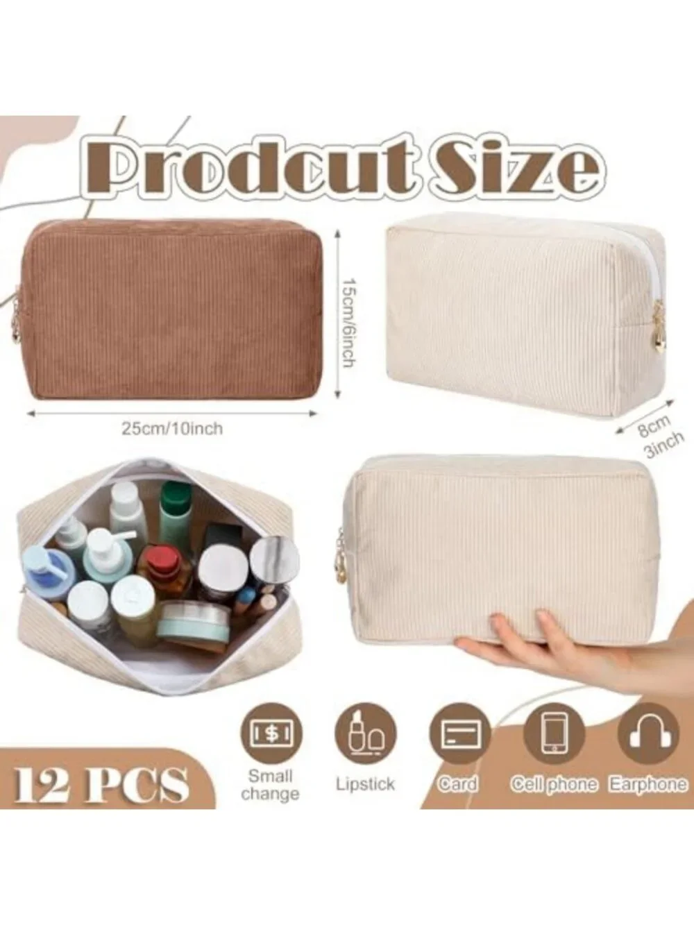 12 Pcs Large Corduroy Makeup Bags - Stylish DIY Cosmetic Pouches in Vibrant